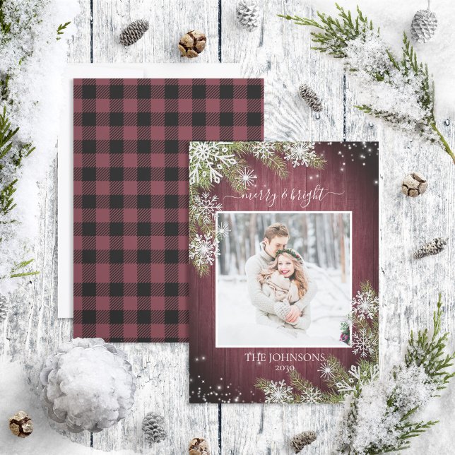 Merry & Bright Script Rustic Burgundy Foto (Von Creator hochgeladen)