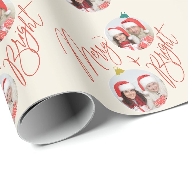 Merry & Bright Script und Foto Ornamente Design Geschenkpapier (Rolleneckpunkt)
