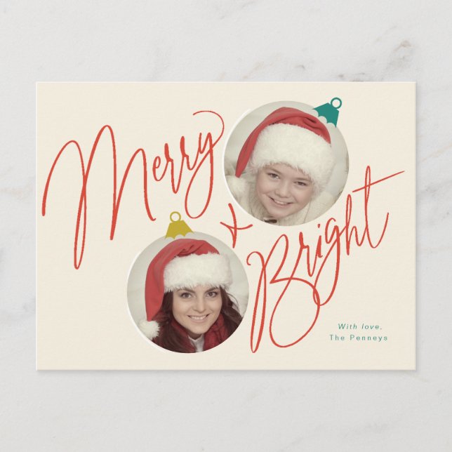 Merry & Bright Script und Foto Ornamente Design Postkarte (Vorderseite)