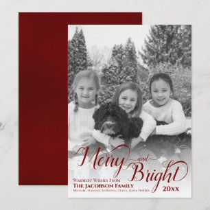 Merry & Bright Simple Black & White Foto Burgundy Feiertagskarte