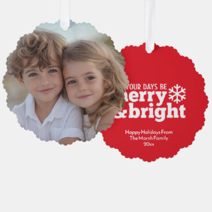 Merry & Bright Simple Red White - Christmas Foto Ornament Karte