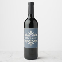 Merry & Bright Snowflake Holiday Weinlabel - Blau