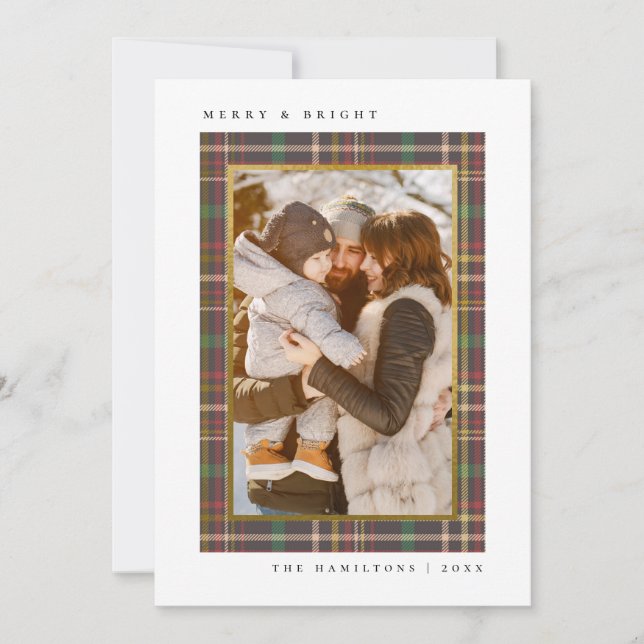 Merry & Bright Tartan Weihnachtsfamilien Foto Feiertagskarte (Vorderseite)