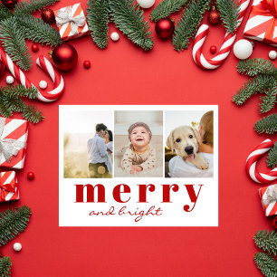 Merry Bright Three Foto Chic Red White Christmas Feiertagspostkarte