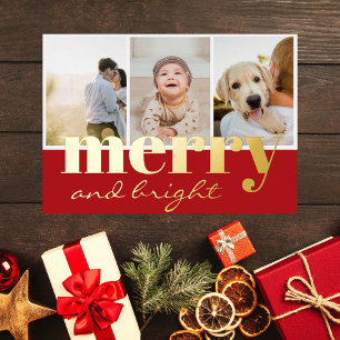 Merry Bright Three Foto Red White Christmas Folien Feiertagskarte