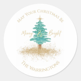 "Merry & Bright" Watercolor Tree Custom Name Runder Aufkleber