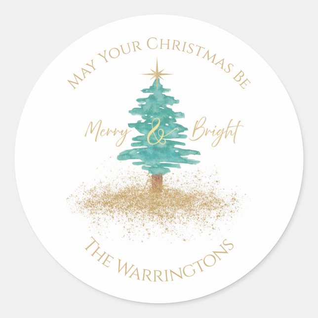 "Merry & Bright" Watercolor Tree Custom Name Runder Aufkleber (Vorderseite)
