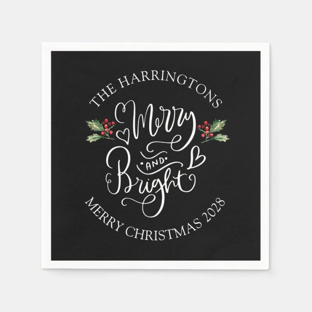Merry Bright Weihnachts-Party Familienname Serviette (Vorderseite)