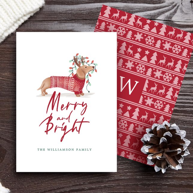 Merry & Bright | Weihnachtssüßer der Dackel Feiertagskarte (Merry & Bright | Dachshund Christmas Sweater Holiday Card)