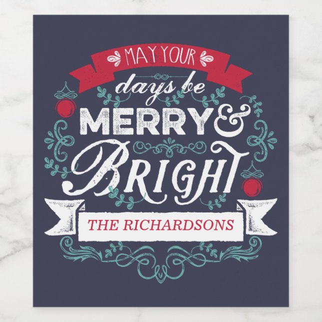 Merry & Bright Weihnachtstypografie Custom Banner Weinetikett (Einzelnes Label)