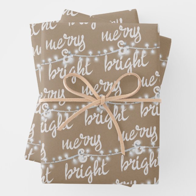 Merry & Bright White Christmas Tree Lights Kraft Geschenkpapier Set (Beispiel)