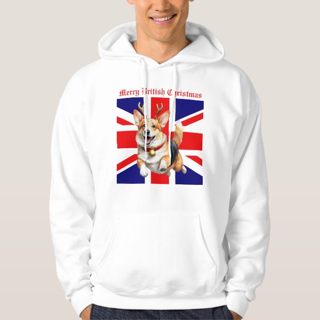 Merry British Christmas Corgi Reindeer Antlers Hoodie (Vorderseite)