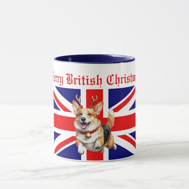 Merry British Christmas Corgi Reindeer Antlers Tasse (Zentrum)