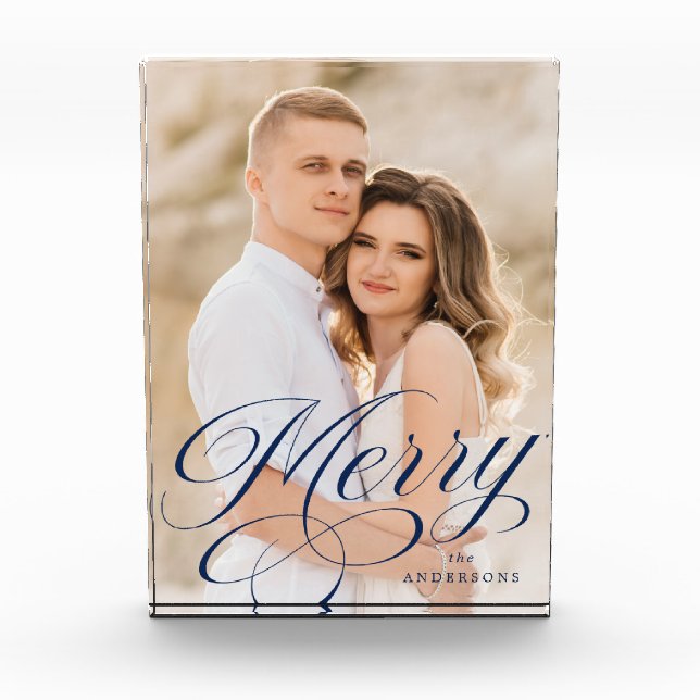 Merry Calligraphy Navy Script Holiday Fotoblock (Vorderseite)