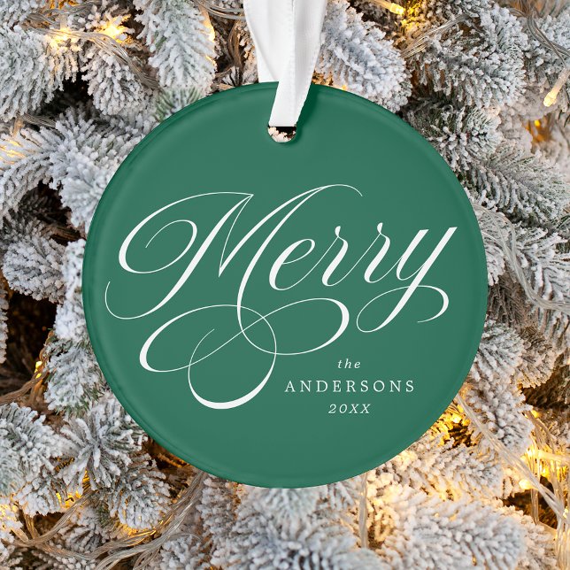 Merry Calligraphy Script Green Foto Ornament (Von Creator hochgeladen)