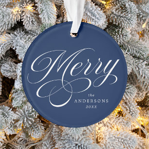 Merry Calligraphy Script Navy Blue Foto Ornament