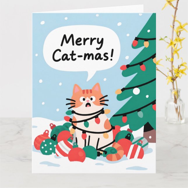 Merry Cat-Mas Cute Funny Cat Christmas Karte (Gelbe Blume)