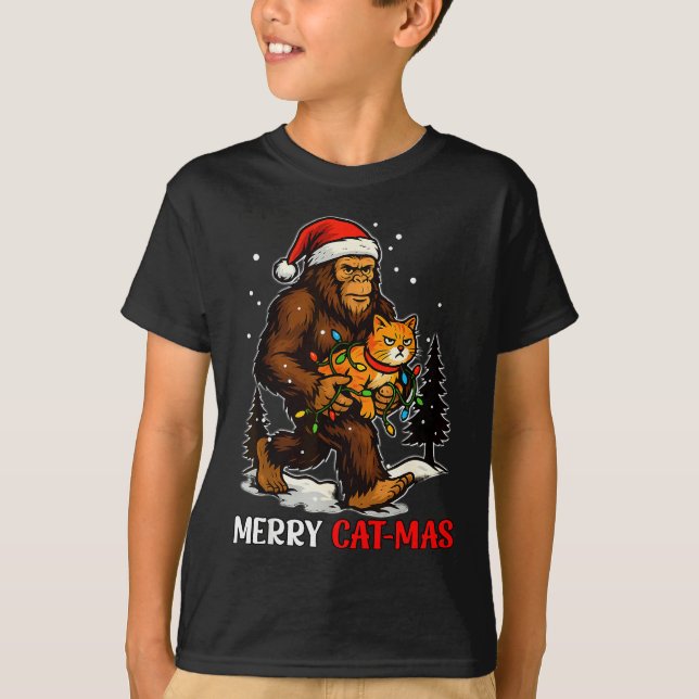 Merry Catmas Bigfoot And Lights Santa Hat Funny Ca T-Shirt (Vorderseite)