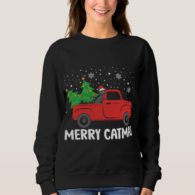 Merry Catmas Black Cat und Weihnachtsbaum Red Truc Sweatshirt (Vorderseite)