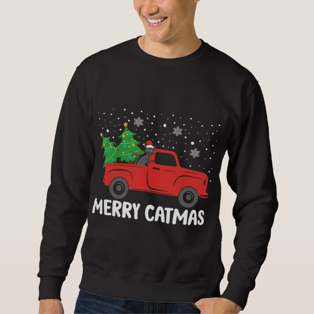 Merry Catmas Black Cat und Weihnachtsbaum Red Truc Sweatshirt (Vorderseite)