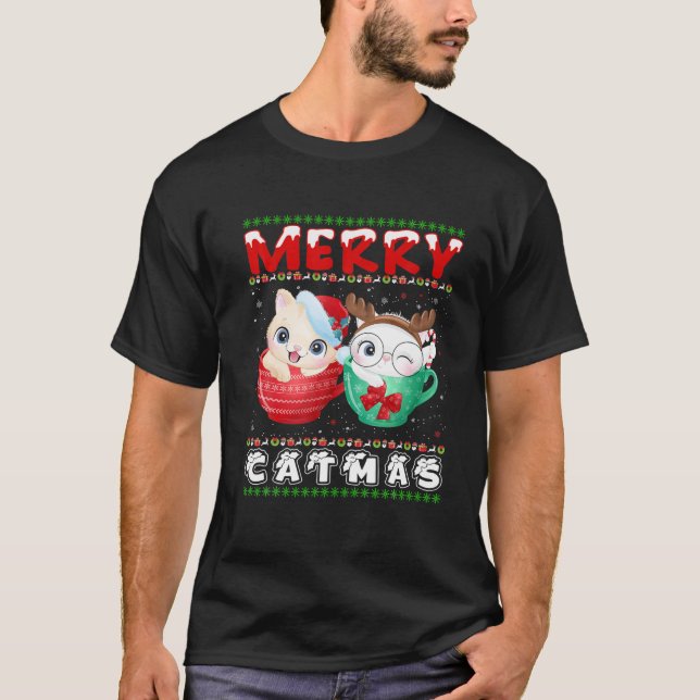 Merry Catmas Cat Ugly Funny Cat Christmas Cat Lieb T-Shirt (Vorderseite)