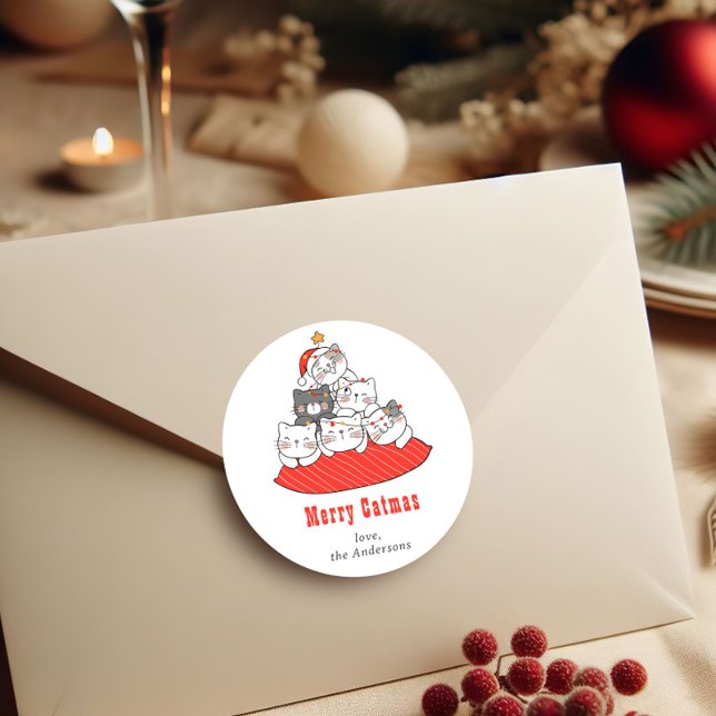 Merry Catmas Cute Cats Holiday Personalized  Runder Aufkleber (Von Creator hochgeladen)