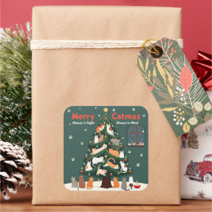 Merry Catmas: Festival Feline Christmas Tree Desig Quadratischer Aufkleber