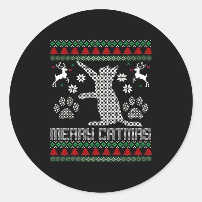 Merry Catmas Funny Cat Christmas Ugly Sweater Men  Runder Aufkleber (Vorderseite)