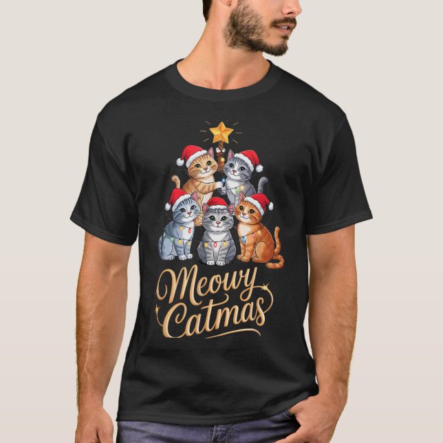 Merry Catmas Funny Christmas Tree Matching Meowy X T-Shirt (Vorderseite)