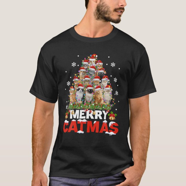 Merry Catmas Katze Weihnachten Pajamas X Mas Ugly T-Shirt (Vorderseite)