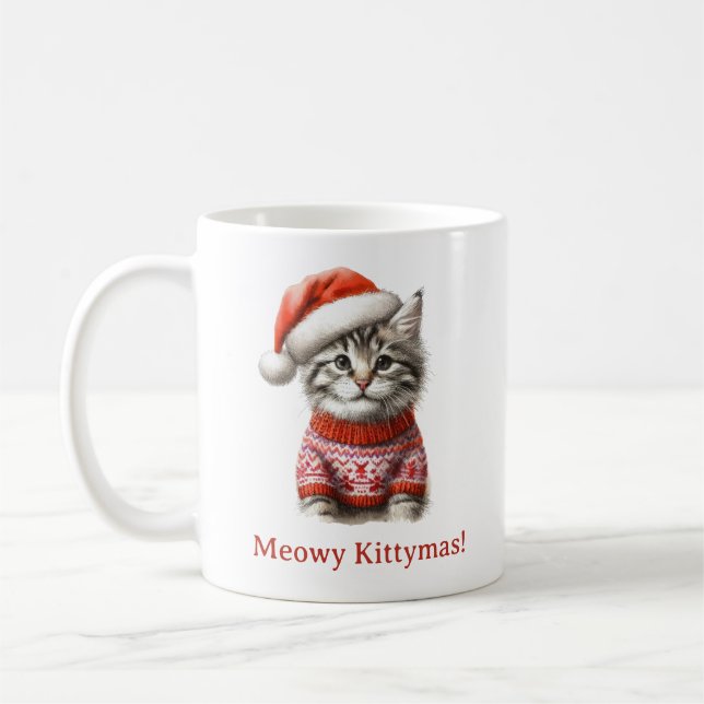 Merry Catmas Niedlich Tabby Kitten Weihnachten Kaffeetasse (Links)