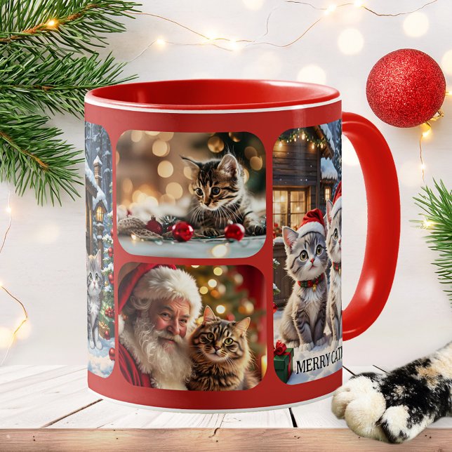 Merry Catmas Photo Collage Christmas Tasse (Mug featuring a collage of cats in a festive Christmas scene. Great as a gift for a crazy cat lady!)