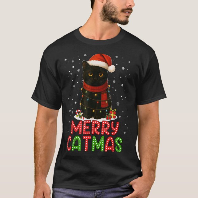 Merry Catmas Santa Hat Funny Black Cat Christmas W T-Shirt (Vorderseite)