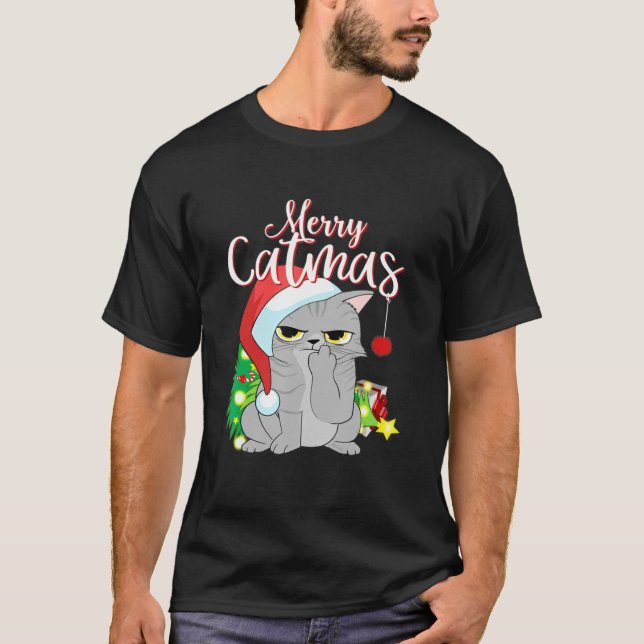 Merry Catmas Weihnachtsmannmütze Gray Cat Funny Ch T-Shirt (Vorderseite)