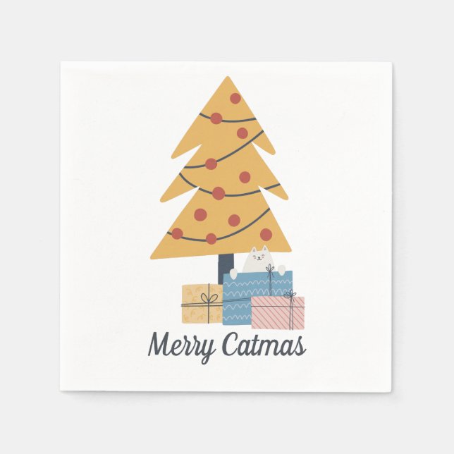 Merry Catmas weiße Katze Weihnachtsbaumgeschenke Serviette (Vorderseite)