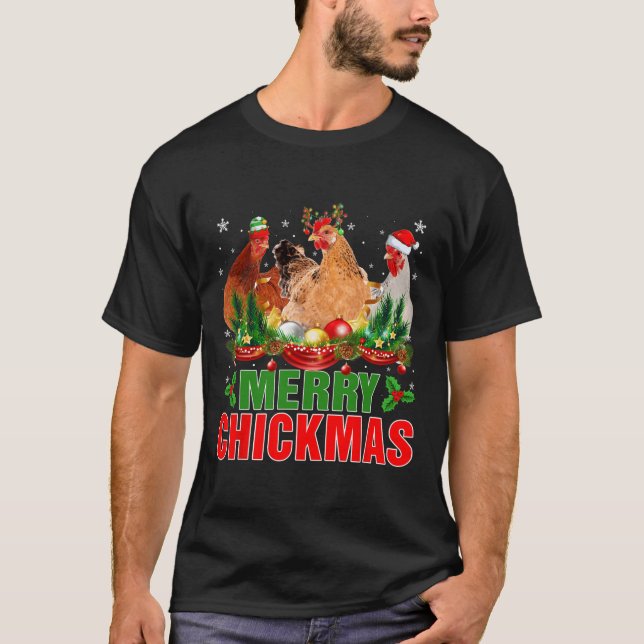 Merry Chickmas Chickens Weihnachtsmannmütze Bauern T-Shirt (Vorderseite)
