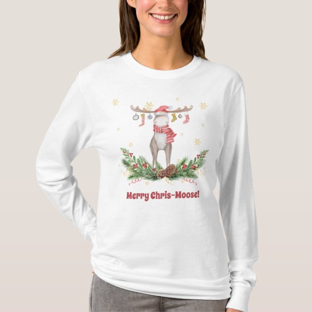 Merry Chris-Moose mit Strümpfen auf seinen Antlern T-Shirt (Vorderseite)