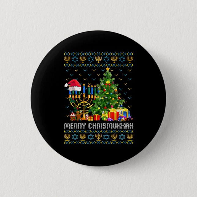 Merry Chrismukkah Happy Hanukkah Ugly Sweater Fami Button (Vorderseite)