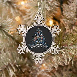Merry Chrismukkah Jewish Holiday Hanukkah Schneeflocken Zinn-Ornament