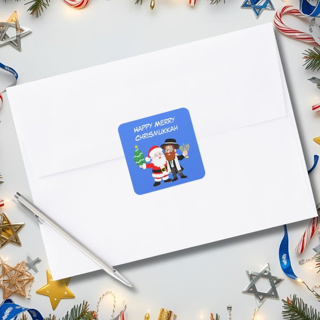 Merry Chrismukkah Santa trifft das Rabbiner-Party Quadratischer Aufkleber (Von Creator hochgeladen)