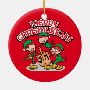 Merry Chrismukkkah mit Elves und Dreidels Keramik Ornament