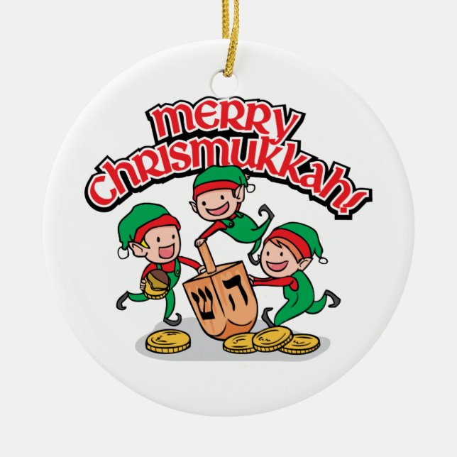 Merry Chrismukkkah mit Elves und Dreidels Keramik Ornament (Vorne)