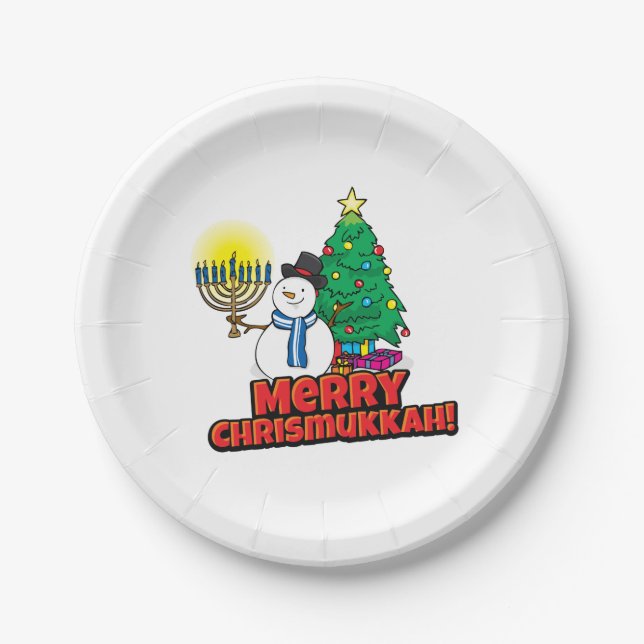 Merry Chrismukkkah mit Snowman und Menorah Pappteller (Vorderseite)
