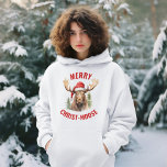 Merry Christ-moose Funny Christmas Moose Hoodie<br><div class="desc">Genießen Sie den Urlaubssinn mit unserem charmanten Weihnachtshaus, das mit einem lieblichen Elch an einer Weihnachtsmannmütze vorne liegt, begleitet von der sonnigen Begrüßung "Fröhlicher Christ-Elch". Diese Kapelle ist ideal, um während der Festsaison Lachen und Freude zu verbreiten. Das skurrile Design und das clevere Wortspiel machen es zu einer einzigartigen und...</div>