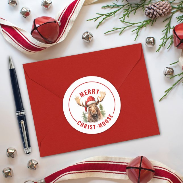 Merry Christ-moose Funny Christmas Moose Runder Aufkleber (Von Creator hochgeladen)