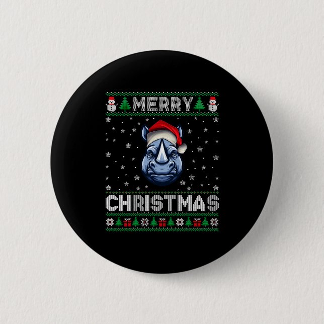 Merry Christmas 2025 Rhino Santa Hat Ugly Xmas Lon Button (Vorderseite)