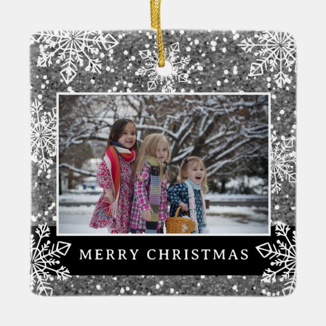 Merry Christmas 2 Photo Silver Glitter Snowflakes Keramikornament (Vorderseite)
