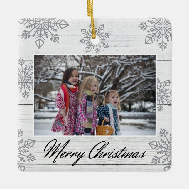 Merry Christmas 2 Photo Wood Silver Snowflakes  Keramikornament (Vorderseite)