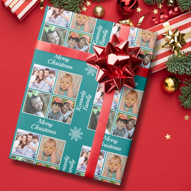 Merry Christmas 4 Photo Collage Family Name Teal Geschenkpapier (Von Creator hochgeladen)