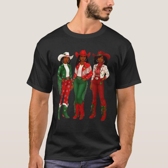 Merry Christmas African American Afro Cowgirl West T-Shirt (Vorderseite)